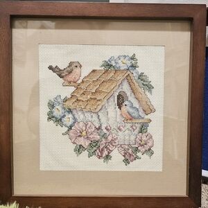 Charming Birdhouse Cross-Stitch with Wooden Frame